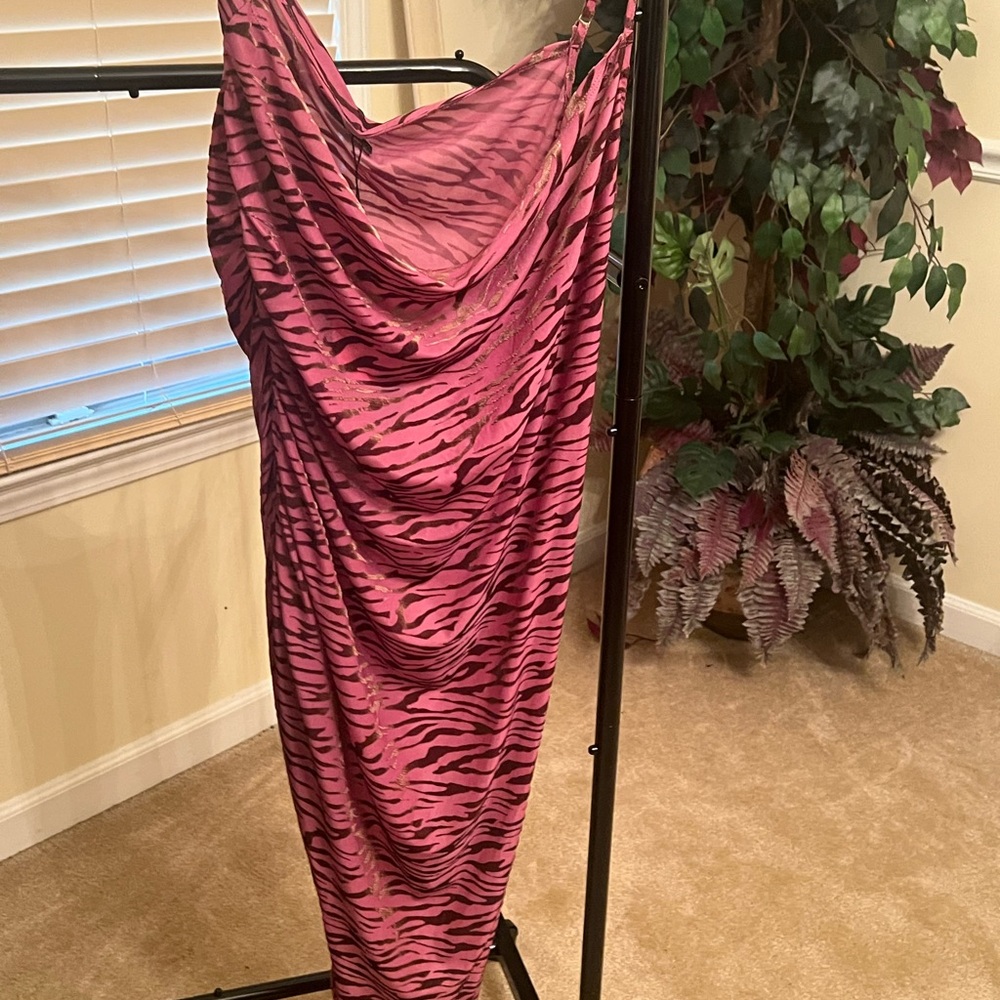 PrettyLittleThing Pink & Black Zebra Cowl Slip Maxi Dress